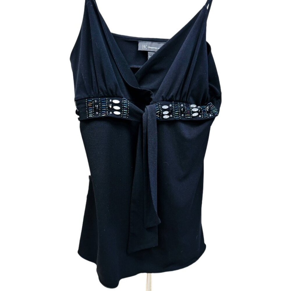 INC Black Colorful Beads Empire Waist V-neck Blouse Flowy Tie Front Large